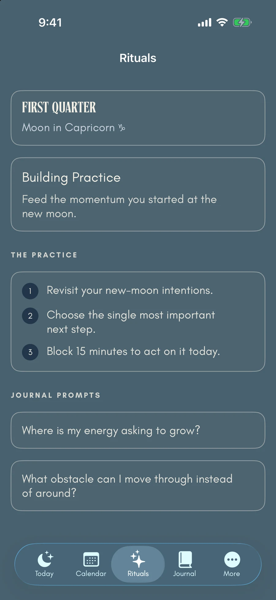Rituals for the current phase, with journal prompts